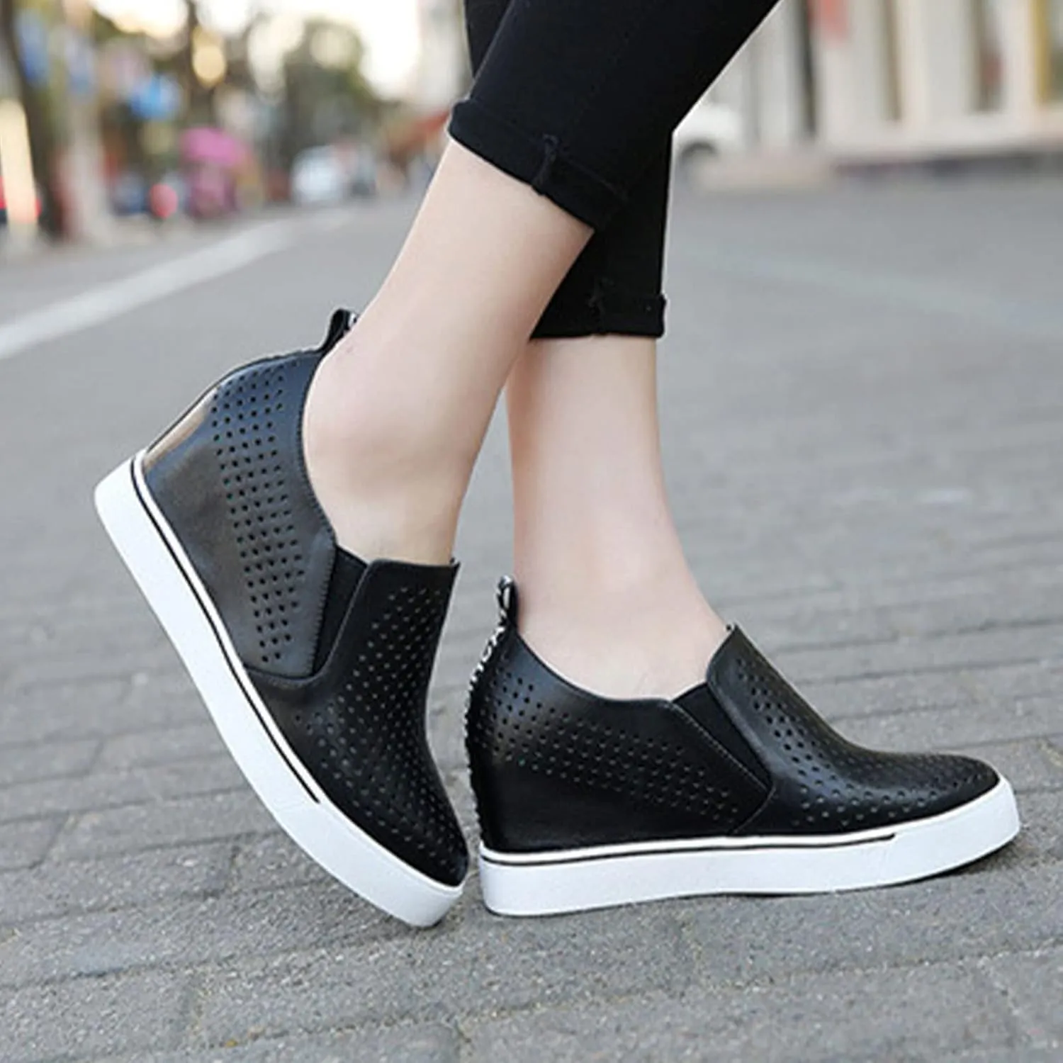 AngryMonkey Women's Hidden Wedge Sole Booties,Ankle Heels Vulcanized Hollow Breathe Comfy Slip on Sneakers Platform Shoes