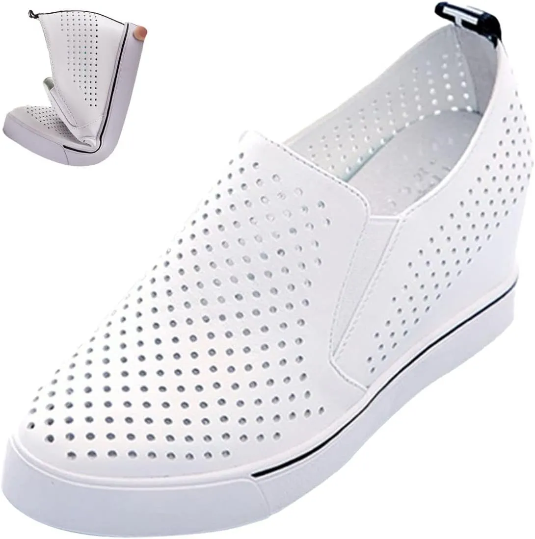 AngryMonkey Women's Hidden Wedge Sole Booties,Ankle Heels Vulcanized Hollow Breathe Comfy Slip on Sneakers Platform Shoes