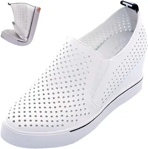 AngryMonkey Women's Hidden Wedge Sole Booties,Ankle Heels Vulcanized Hollow Breathe Comfy Slip on Sneakers Platform Shoes