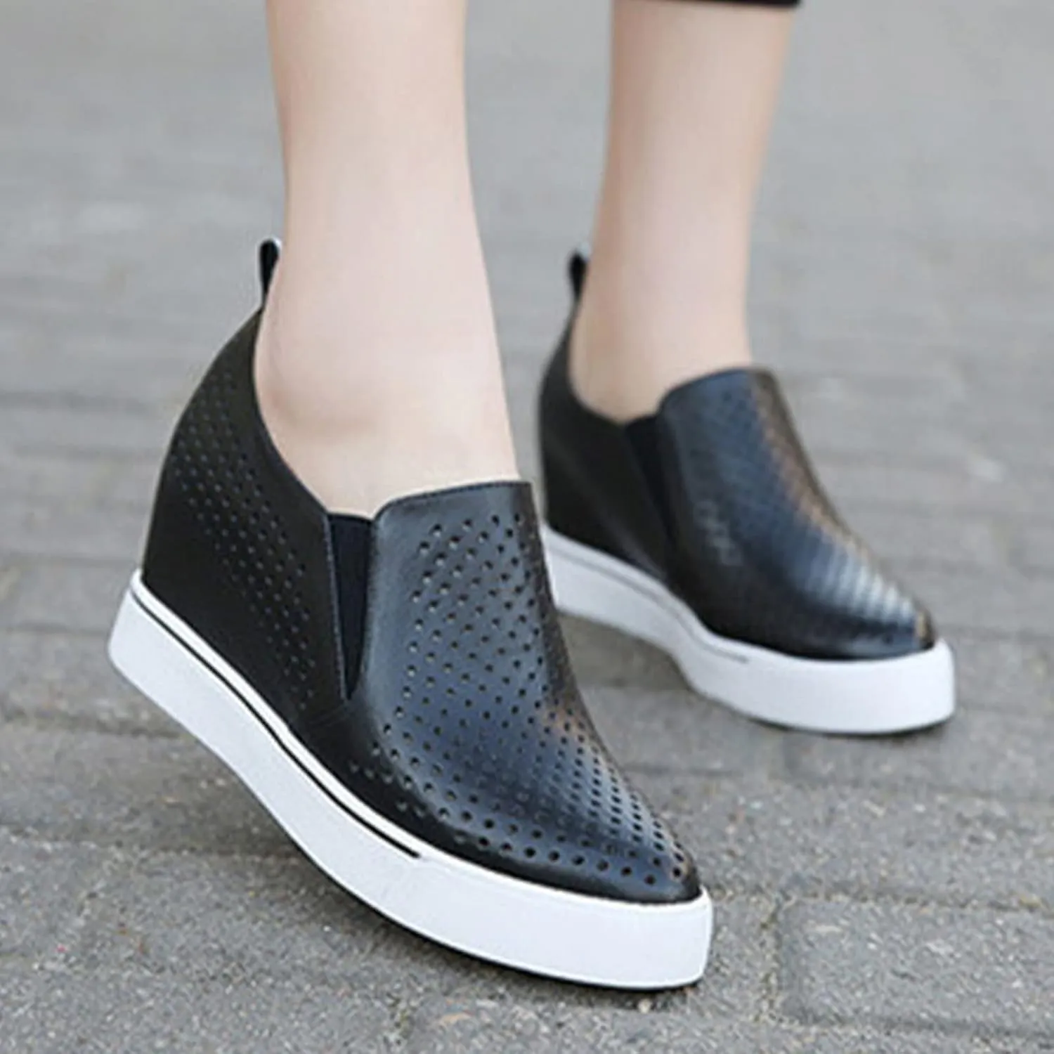 AngryMonkey Women's Hidden Wedge Sole Booties,Ankle Heels Vulcanized Hollow Breathe Comfy Slip on Sneakers Platform Shoes