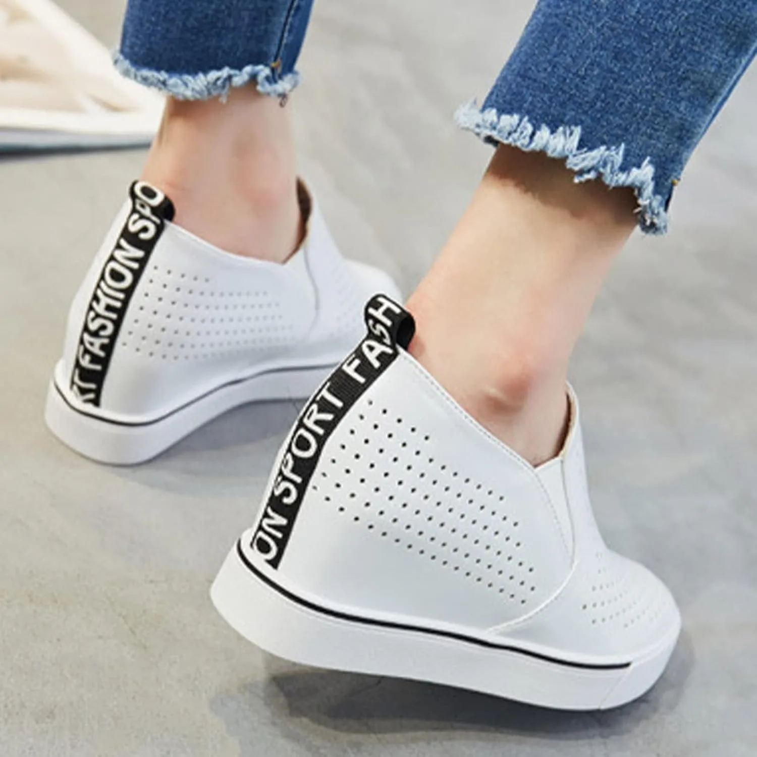 AngryMonkey Women's Hidden Wedge Sole Booties,Ankle Heels Vulcanized Hollow Breathe Comfy Slip on Sneakers Platform Shoes