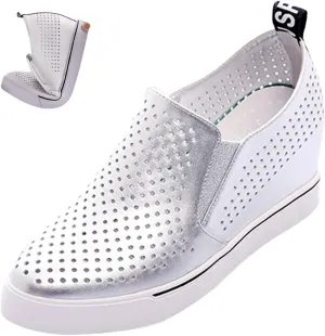AngryMonkey Women's Hidden Wedge Sole Booties,Ankle Heels Vulcanized Hollow Breathe Comfy Slip on Sneakers Platform Shoes