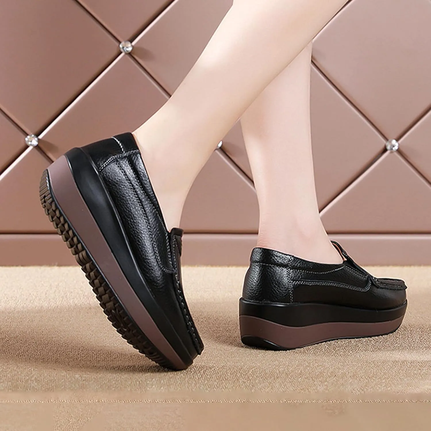 AngryMonkey Women's Platform Slip-on Loafers,Lightweight Comfort Hidden Wedge Sneakers Non-Slip Walking Leather Casual Shoes