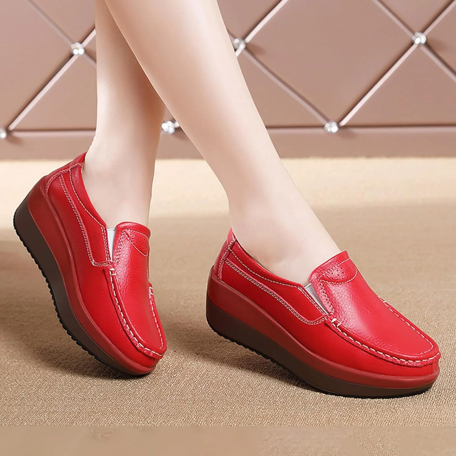 AngryMonkey Women's Platform Slip-on Loafers,Lightweight Comfort Hidden Wedge Sneakers Non-Slip Walking Leather Casual Shoes