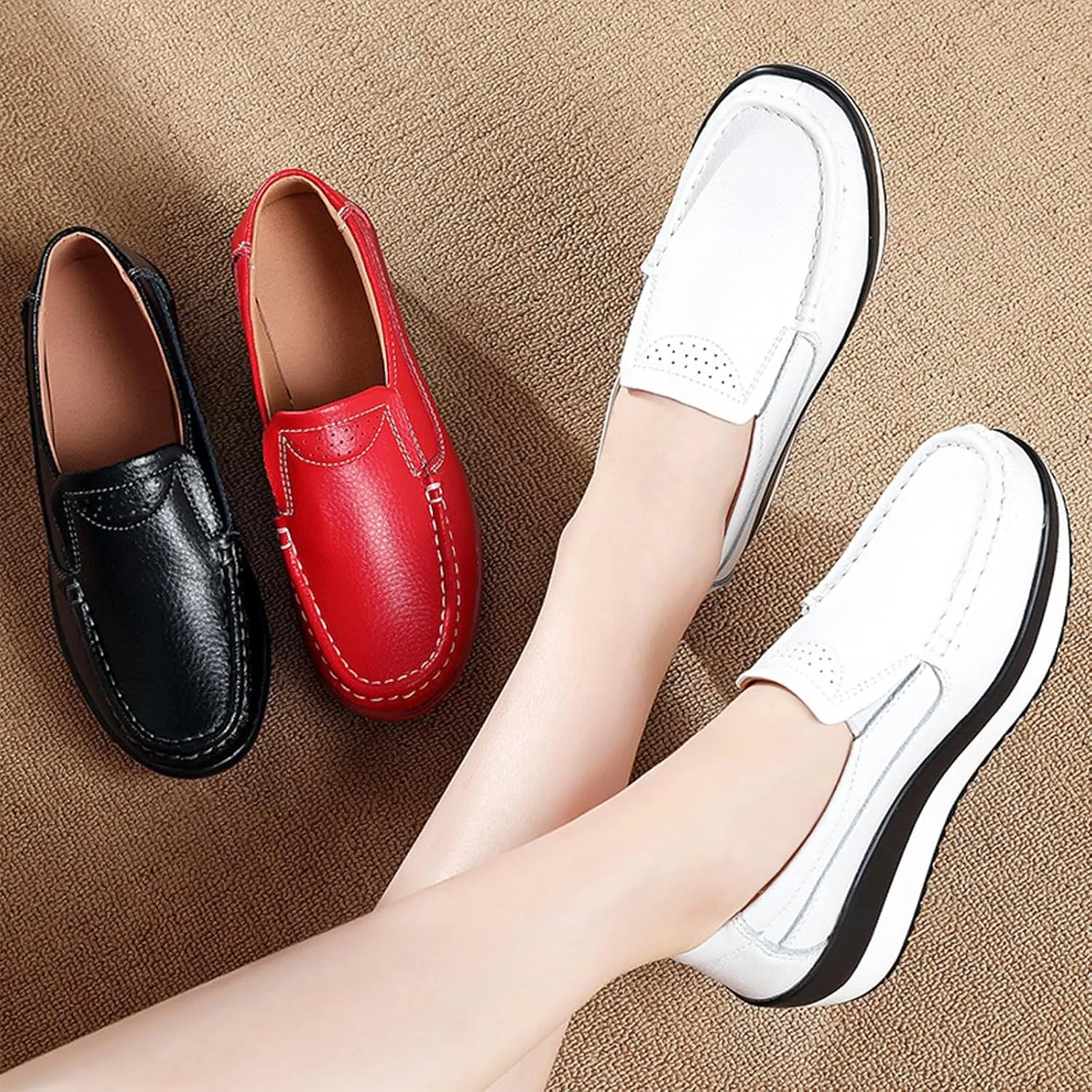 AngryMonkey Women's Platform Slip-on Loafers,Lightweight Comfort Hidden Wedge Sneakers Non-Slip Walking Leather Casual Shoes
