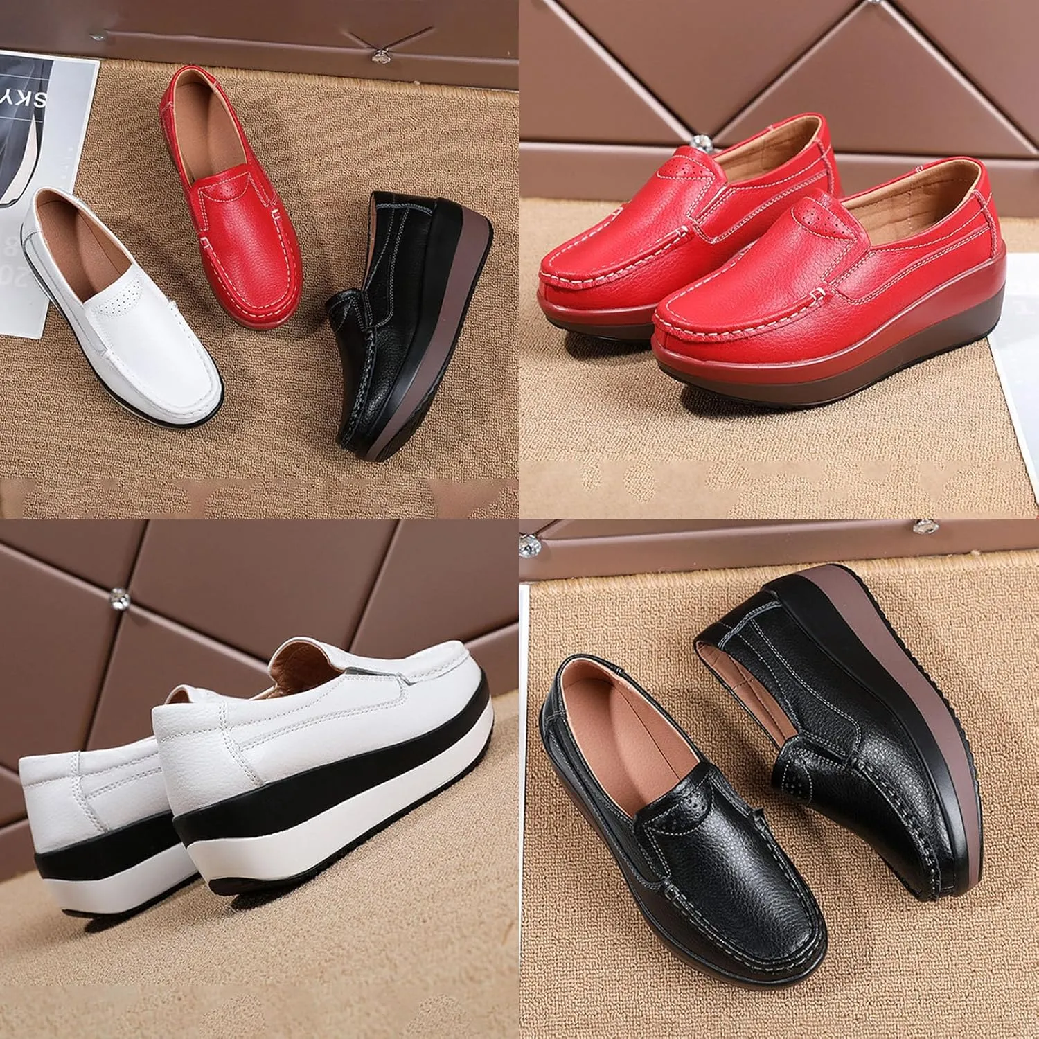 AngryMonkey Women's Platform Slip-on Loafers,Lightweight Comfort Hidden Wedge Sneakers Non-Slip Walking Leather Casual Shoes