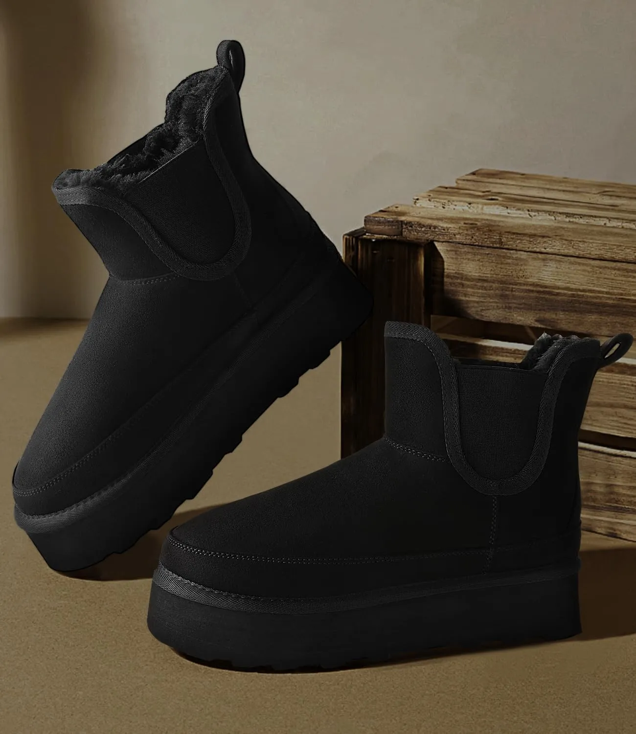 Ankis Platform Mini Boots Women, Classic Ultra Mini Ankle Chelsea Boots for Women Winter Warm Thick Fur Fuzzy Boots Lined Anti-Slip Lined Slip on Snow Boots Black Chestnut