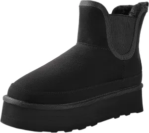 Ankis Platform Mini Boots Women, Classic Ultra Mini Ankle Chelsea Boots for Women Winter Warm Thick Fur Fuzzy Boots Lined Anti-Slip Lined Slip on Snow Boots Black Chestnut