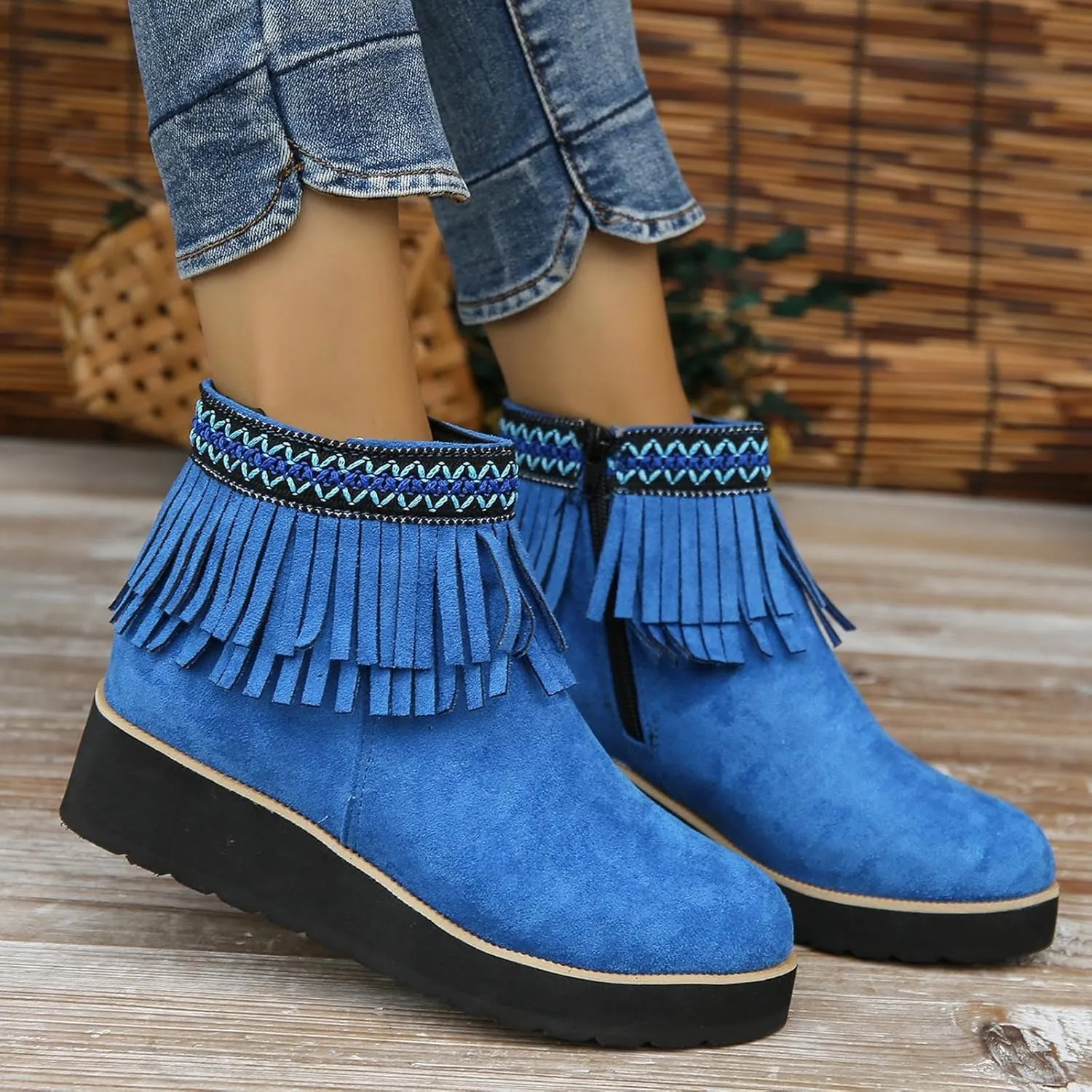 Ankle Boots for Women Comfortable Women Boots Ankle Boots Suede Frosted Tassel Soft Sole Thick Wedge Heel Ankle Boots