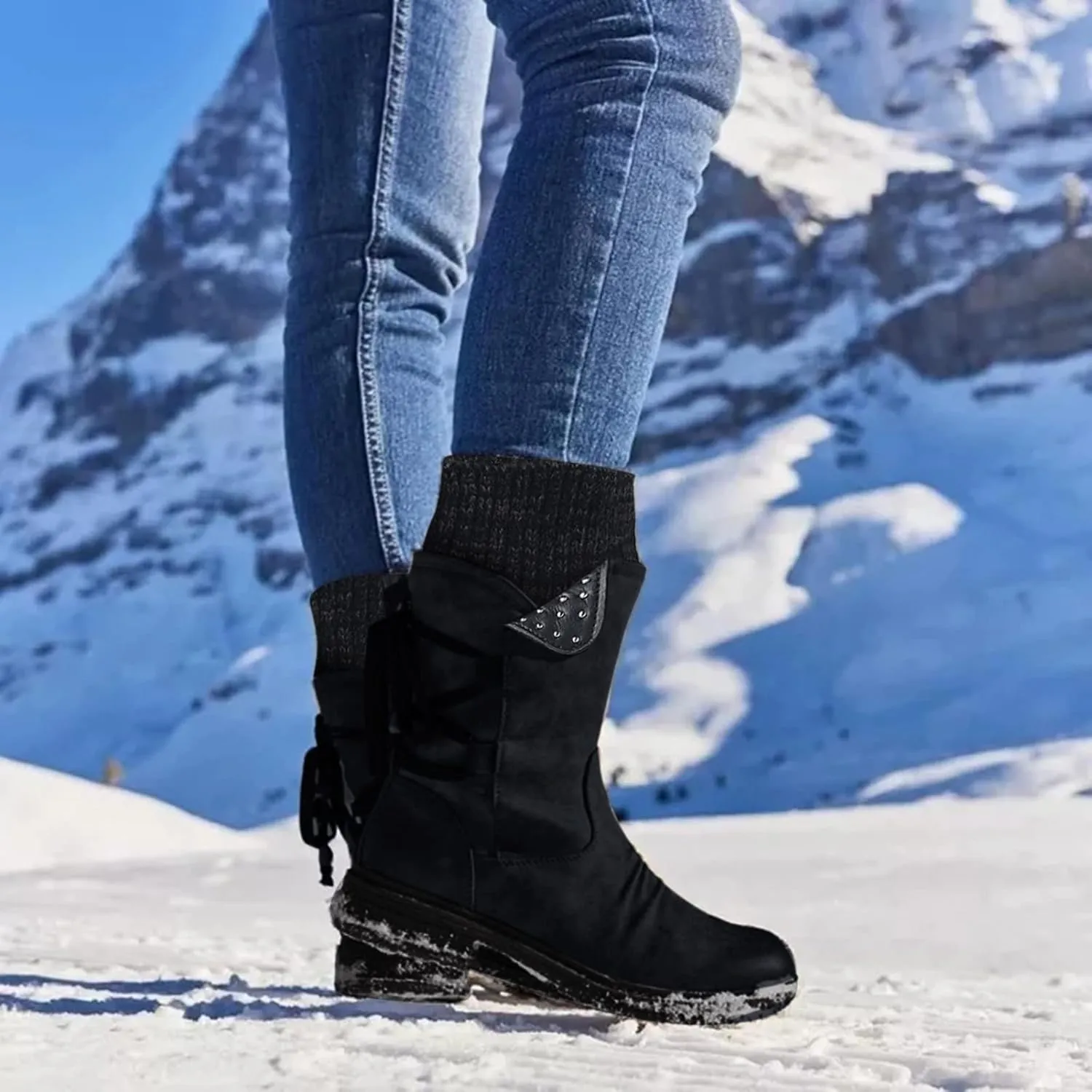 Ankle Boots for Women Winter Snow Booties Fur Lined Warm Boots Black Side Zipper Booties Round Toe Low Heel Boots
