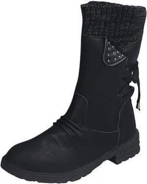 Ankle Boots for Women Winter Snow Booties Fur Lined Warm Boots Black Side Zipper Booties Round Toe Low Heel Boots