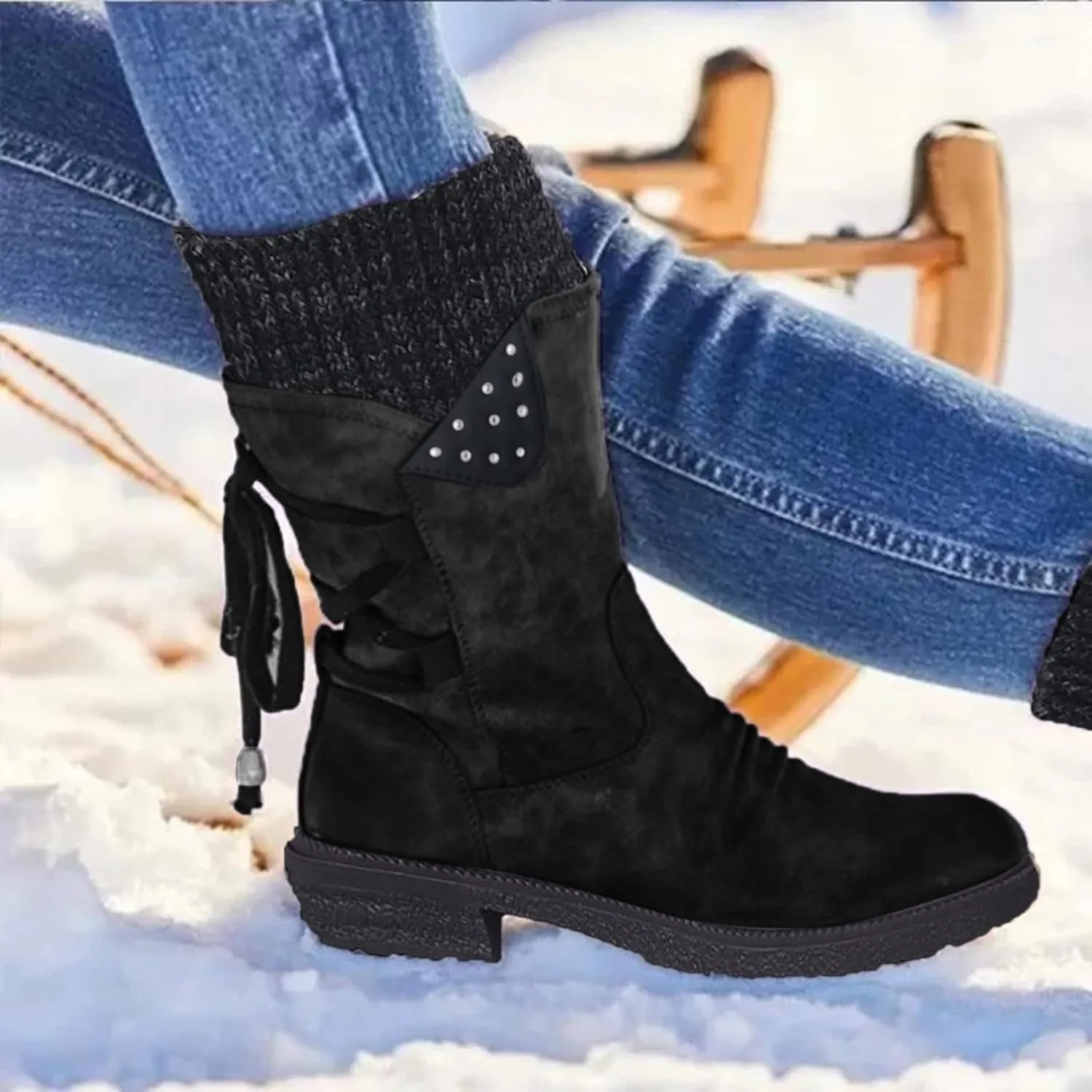 Ankle Boots for Women Winter Snow Booties Fur Lined Warm Boots Black Side Zipper Booties Round Toe Low Heel Boots