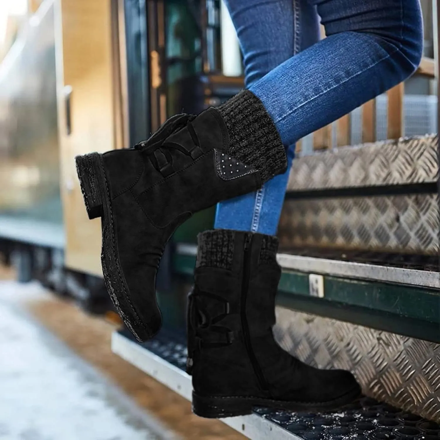 Ankle Boots for Women Winter Snow Booties Fur Lined Warm Boots Black Side Zipper Booties Round Toe Low Heel Boots