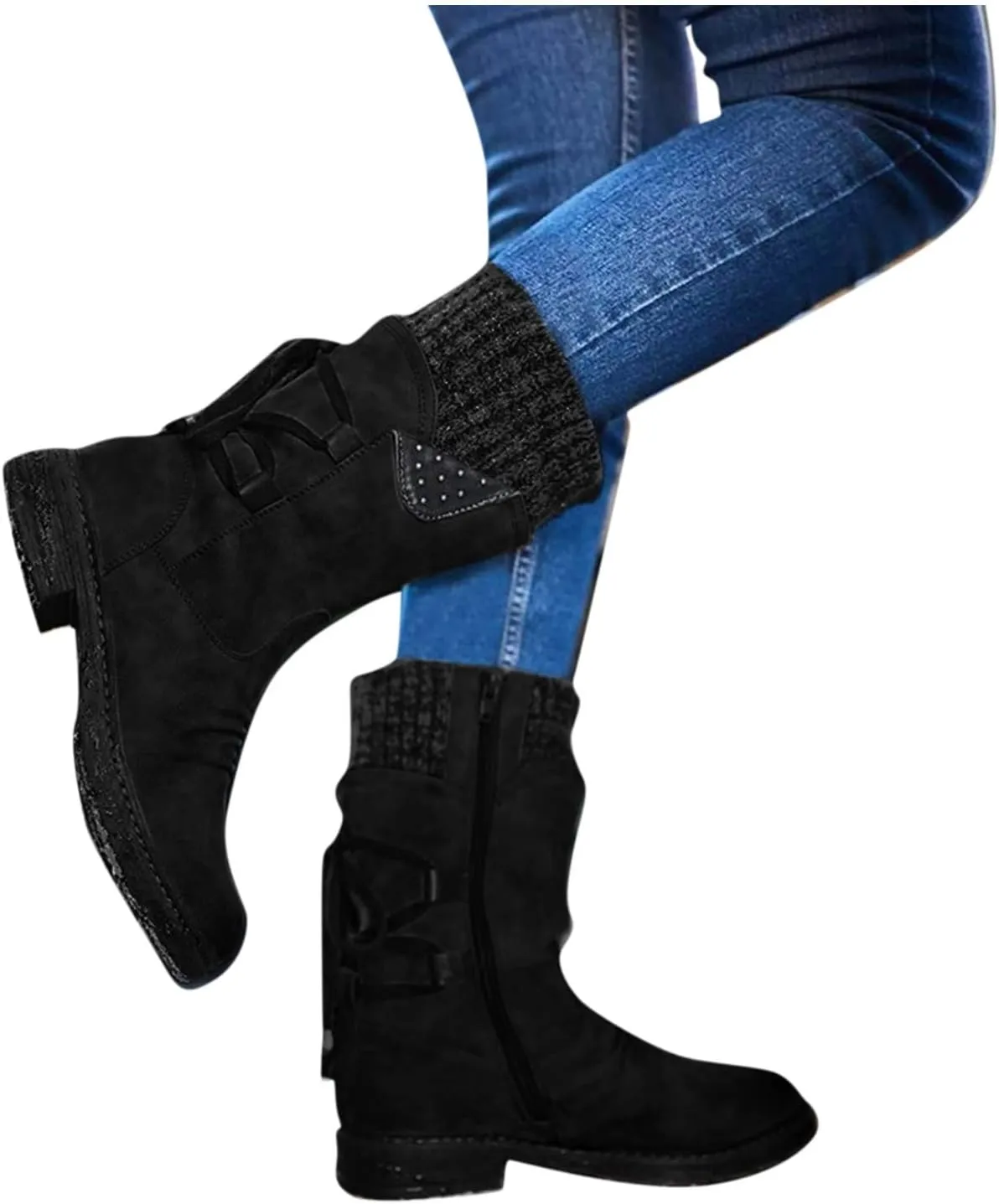 Ankle Boots for Women Winter Snow Booties Fur Lined Warm Boots Black Side Zipper Booties Round Toe Low Heel Boots