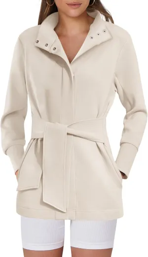 ANRABESS Womens Jacket Belted Casual Long Sleeve Wrap Trench Coat 2025 Spring Trendy Button Up Dressy Outerwear with Pockets