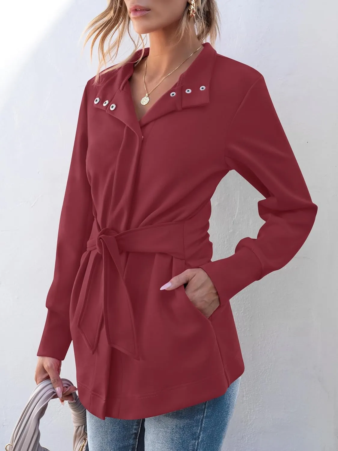 ANRABESS Womens Jacket Belted Casual Long Sleeve Wrap Trench Coat 2025 Spring Trendy Button Up Dressy Outerwear with Pockets