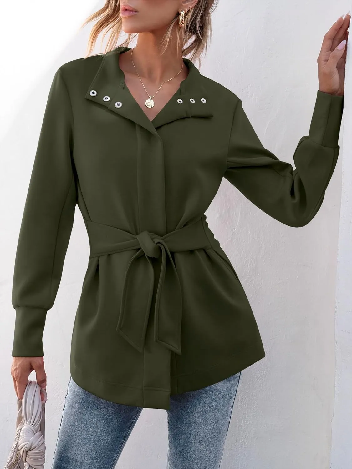 ANRABESS Womens Jacket Belted Casual Long Sleeve Wrap Trench Coat 2025 Spring Trendy Button Up Dressy Outerwear with Pockets