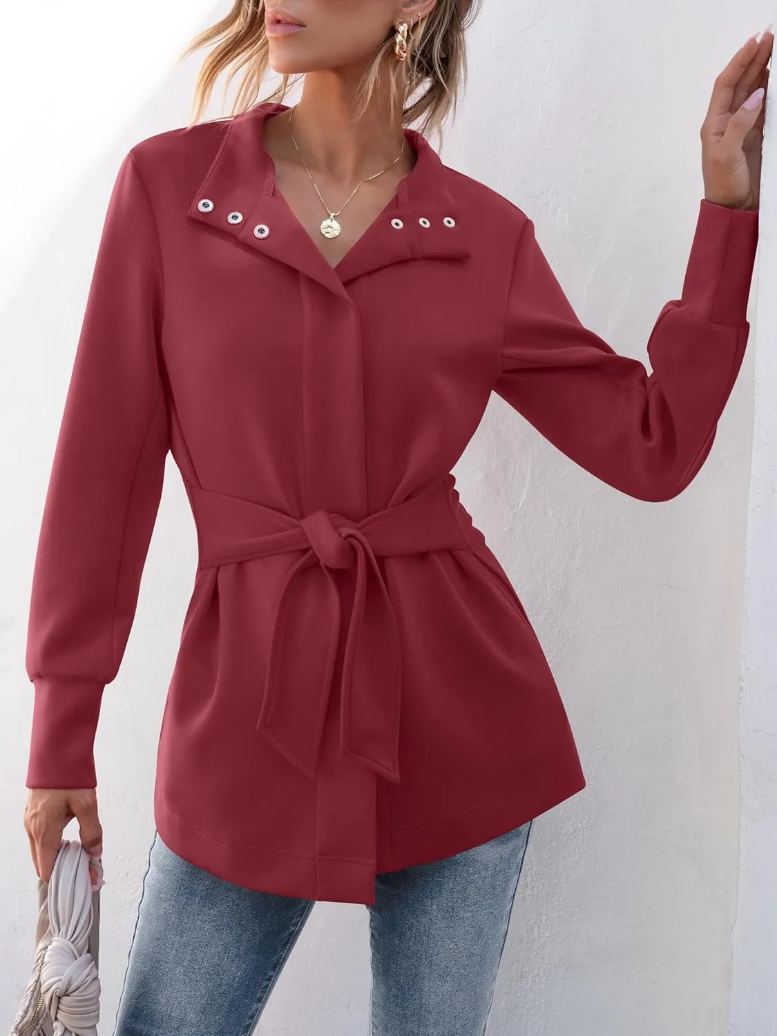 ANRABESS Womens Jacket Belted Casual Long Sleeve Wrap Trench Coat 2025 Spring Trendy Button Up Dressy Outerwear with Pockets