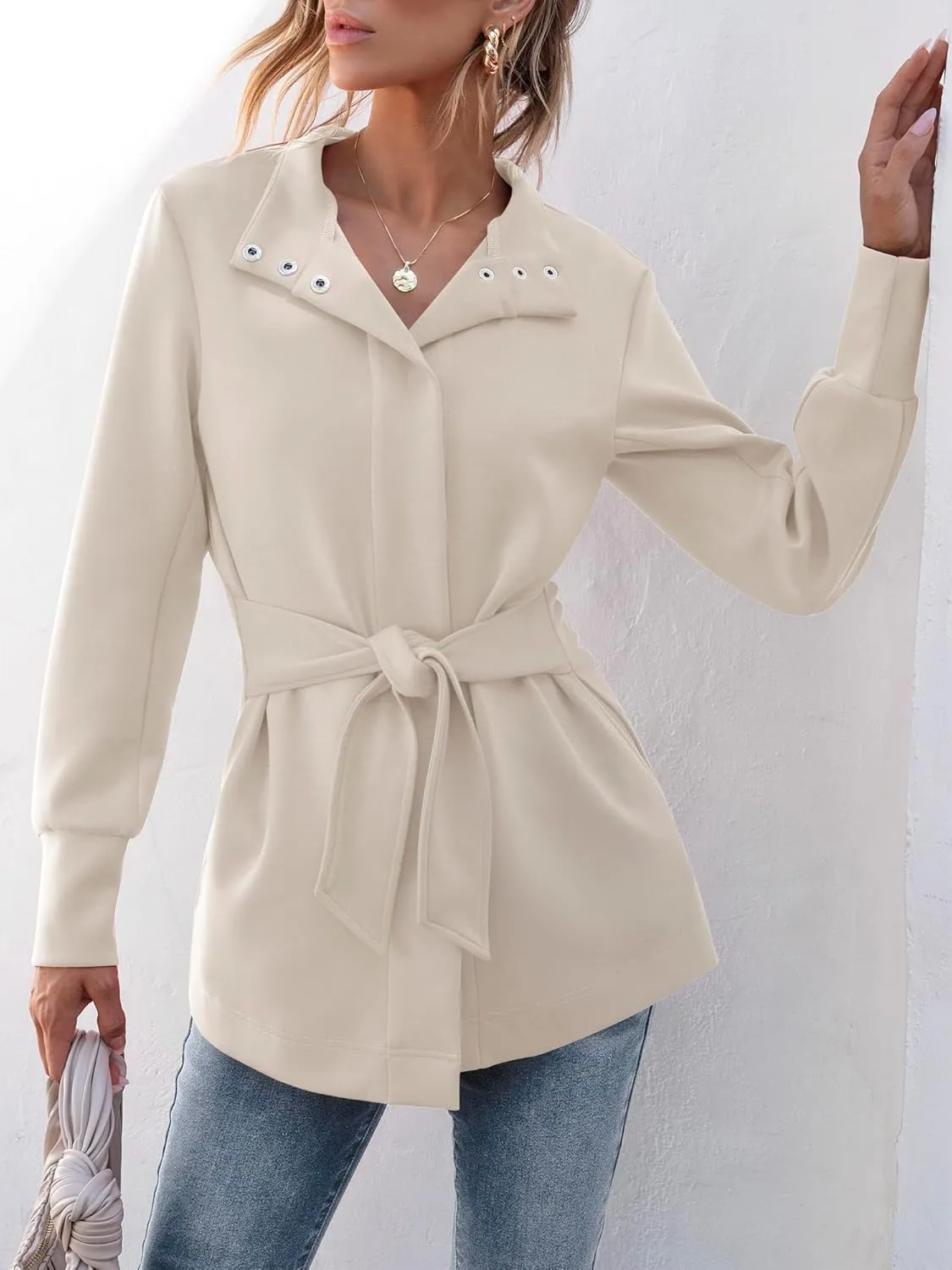 ANRABESS Womens Jacket Belted Casual Long Sleeve Wrap Trench Coat 2025 Spring Trendy Button Up Dressy Outerwear with Pockets