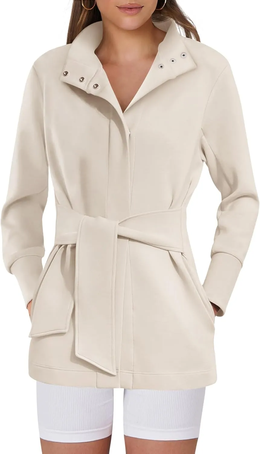 ANRABESS Womens Jacket Belted Casual Long Sleeve Wrap Trench Coat 2025 Spring Trendy Button Up Dressy Outerwear with Pockets