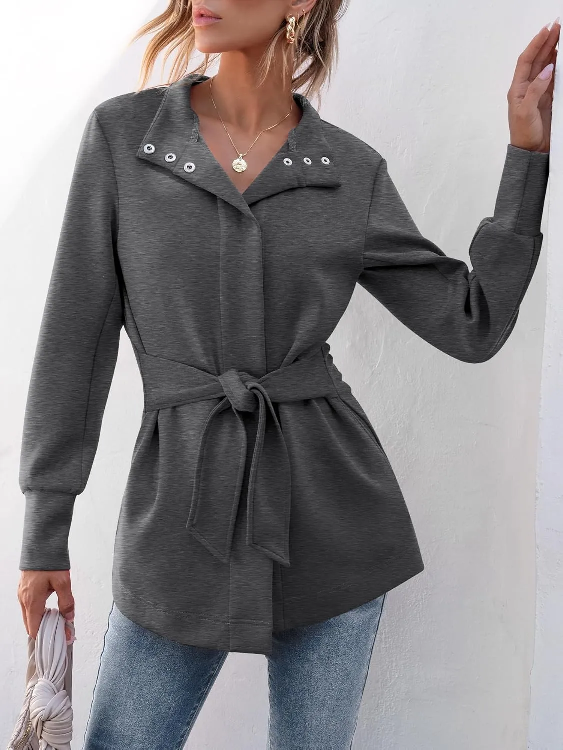 ANRABESS Womens Jacket Belted Casual Long Sleeve Wrap Trench Coat 2025 Spring Trendy Button Up Dressy Outerwear with Pockets