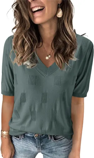 Arach&Cloz Women's Tops 2025 Spring Summer Short Sleeve Sweater Fashion Trendy Dressy Casual Outfit Versatile Knit Blouse
