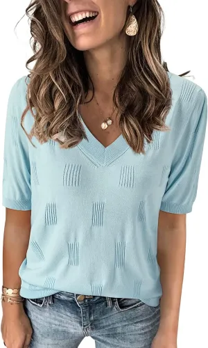 Arach&Cloz Women's Tops 2025 Spring Summer Short Sleeve Sweater Fashion Trendy Dressy Casual Outfit Versatile Knit Blouse