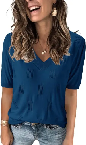 Arach&Cloz Women's Tops 2025 Spring Summer Short Sleeve Sweater Fashion Trendy Dressy Casual Outfit Versatile Knit Blouse