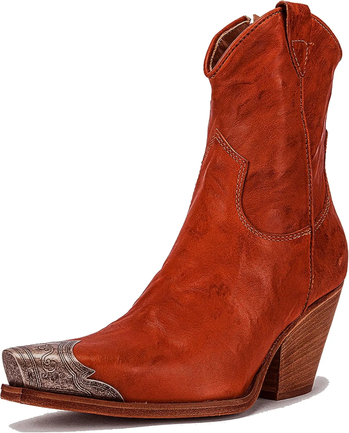 Arqa Women's Western Boots Etched Metal Toe Cowgirl Booties Stacked Block Heel Ankle Boots Side Zipper Vintage Cowboy Boot