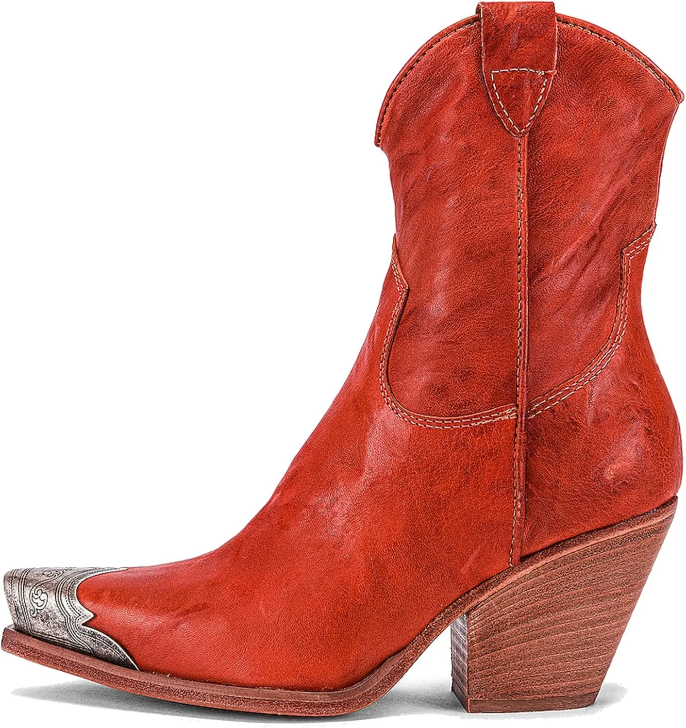 Arqa Women's Western Boots Etched Metal Toe Cowgirl Booties Stacked Block Heel Ankle Boots Side Zipper Vintage Cowboy Boot
