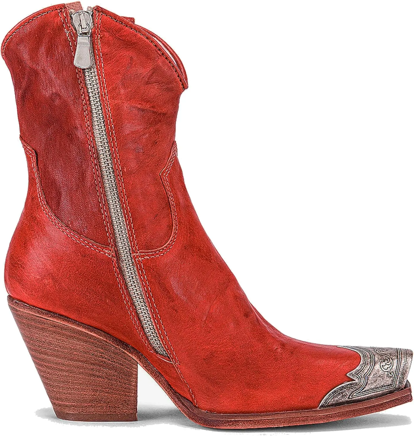 Arqa Women's Western Boots Etched Metal Toe Cowgirl Booties Stacked Block Heel Ankle Boots Side Zipper Vintage Cowboy Boot