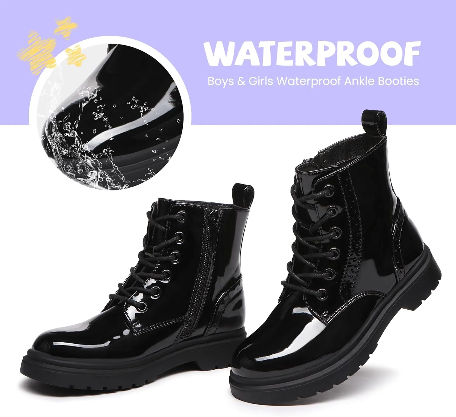 Athlefit Boys Girls Waterproof Combat Boots Lace Up Side Zipper Ankle Booties for Toddler/Little Kid/Big Kid