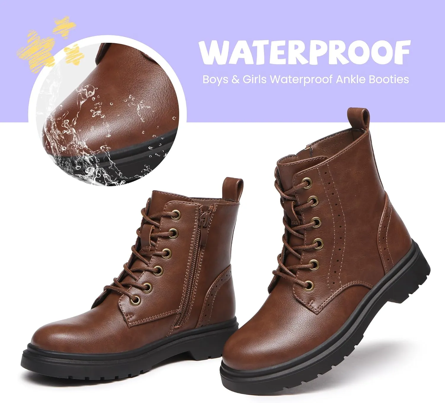 Athlefit Boys Girls Waterproof Combat Boots Lace Up Side Zipper Ankle Booties for Toddler/Little Kid/Big Kid