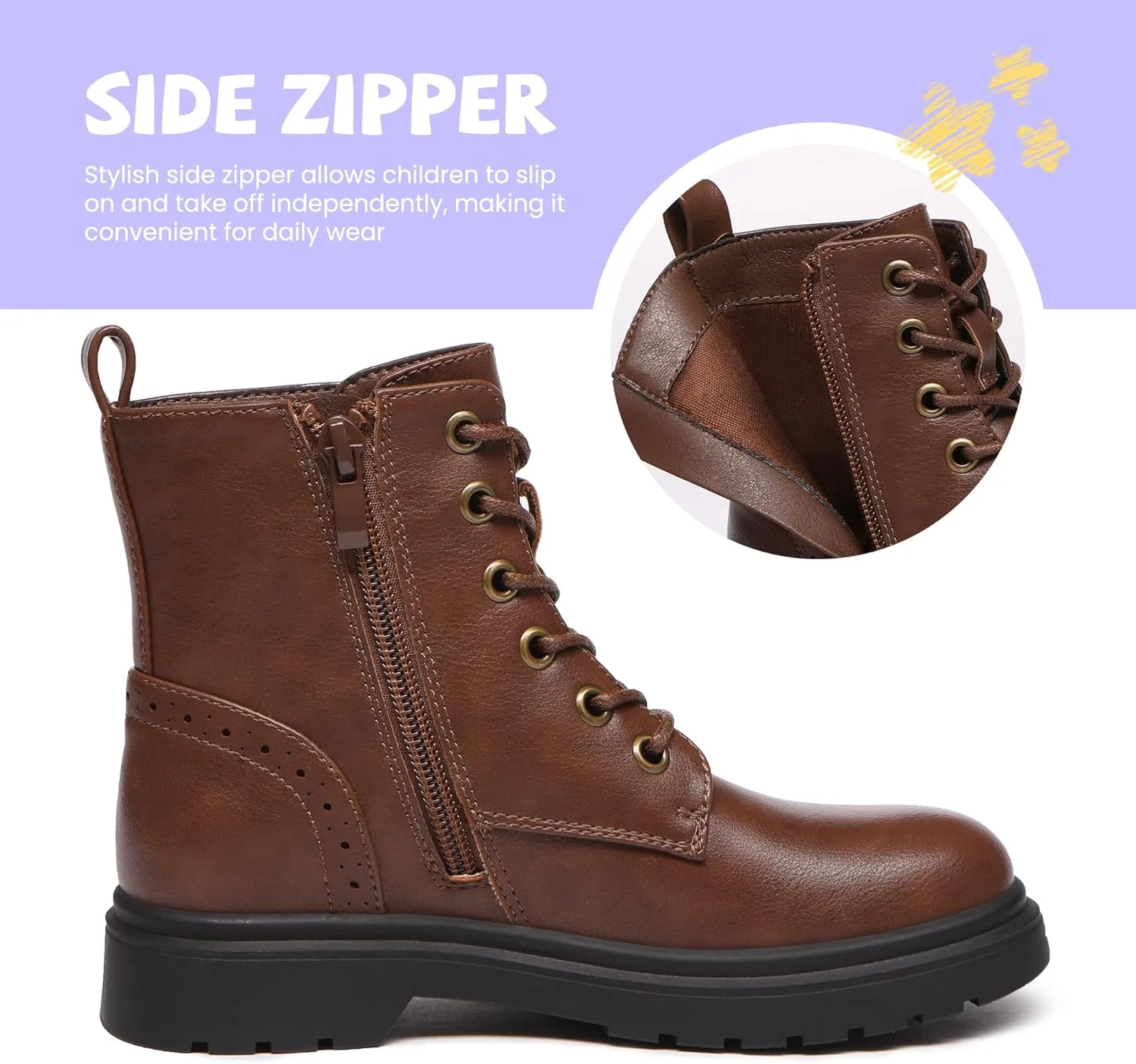 Athlefit Boys Girls Waterproof Combat Boots Lace Up Side Zipper Ankle Booties for Toddler/Little Kid/Big Kid