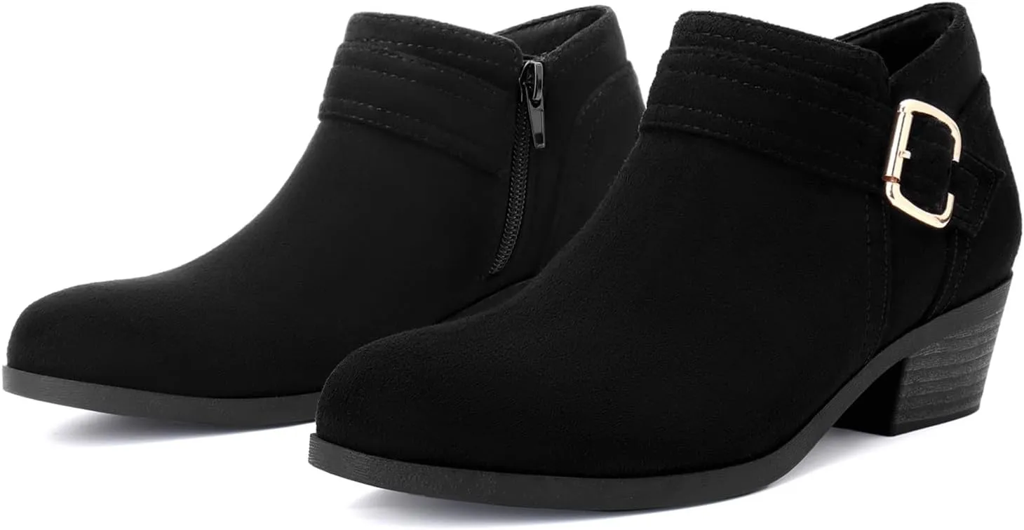 Athlefit Women's Chunky Low Heel Ankle Boots Classic Pointed Toe Side Zipper Booties