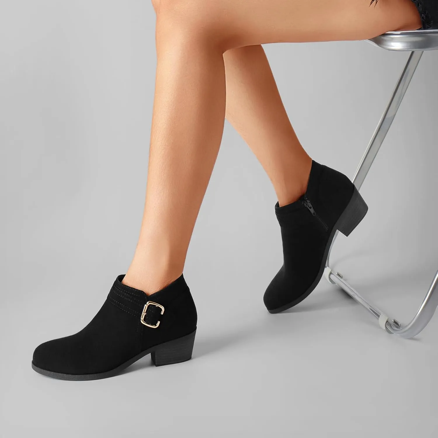 Athlefit Women's Chunky Low Heel Ankle Boots Classic Pointed Toe Side Zipper Booties