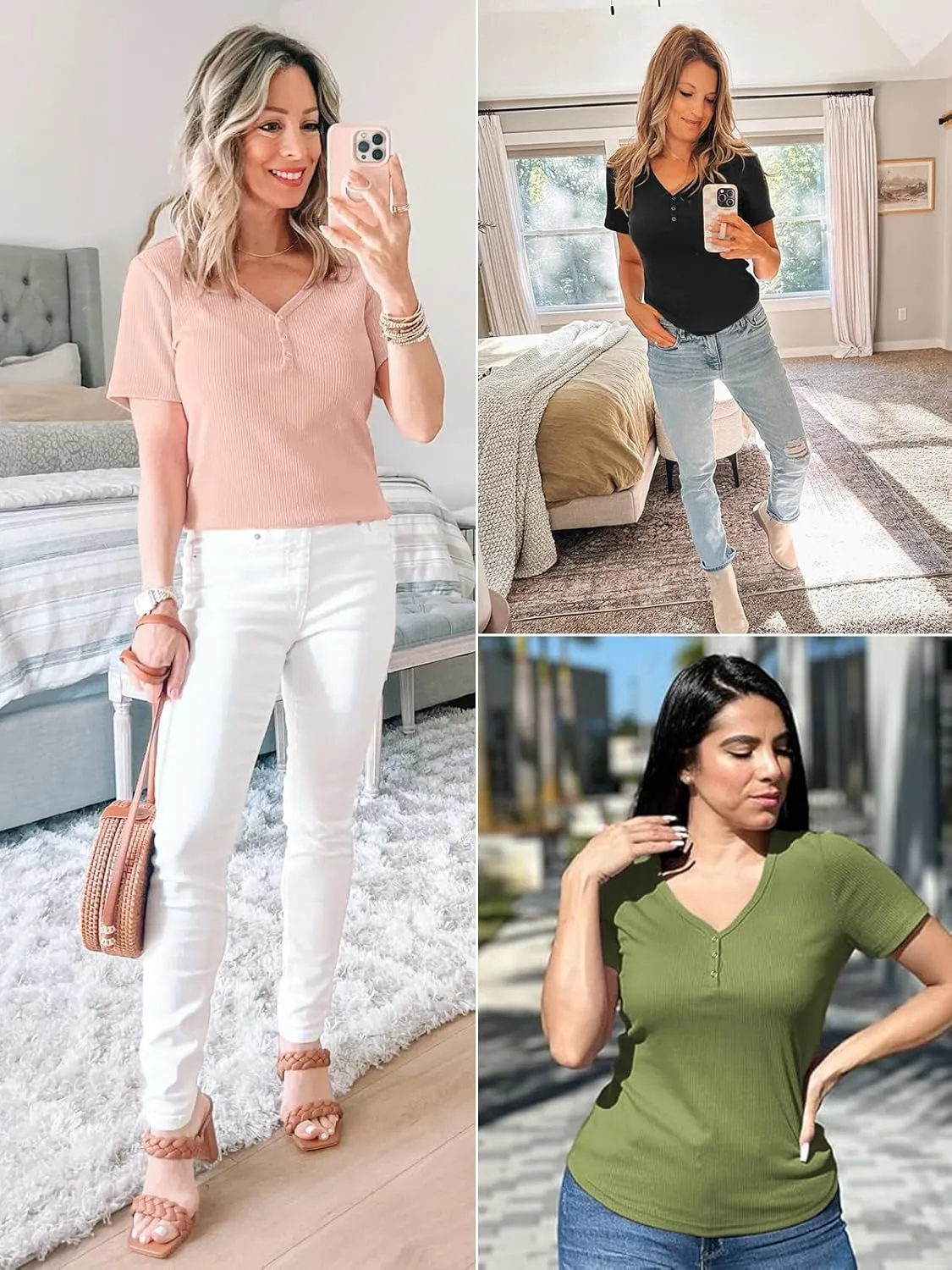 ATHMILE Womens Summer Short Sleeve V Neck Ribbed Knit Button T Shirts Henley Solid Color Trendy BasicTee