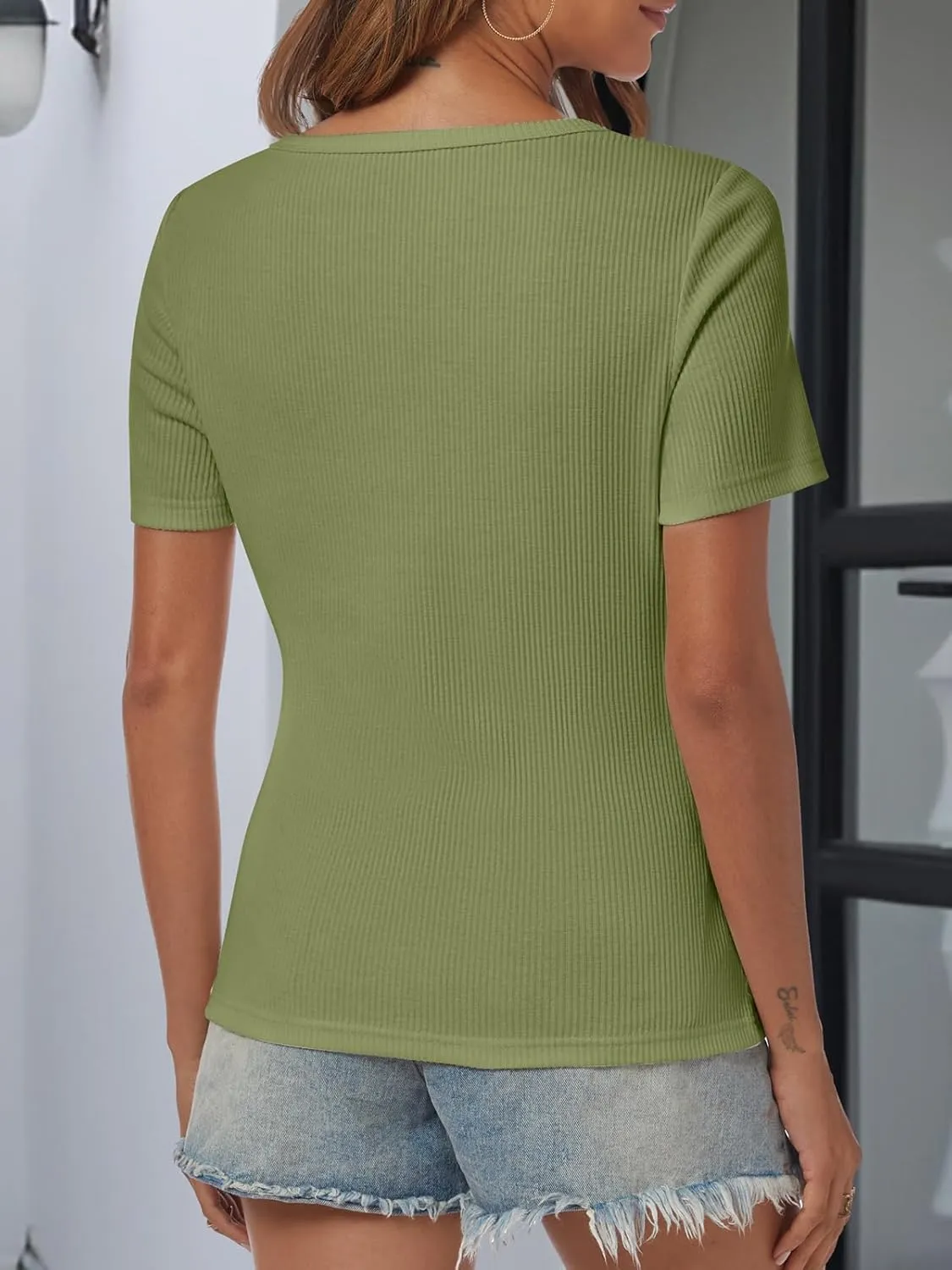 ATHMILE Womens Summer Short Sleeve V Neck Ribbed Knit Button T Shirts Henley Solid Color Trendy BasicTee
