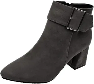 AUNTHUI Women's Suede Pointed Toe Chunky Heel Booties with Buckle Strap?Winter Retro Solid Color Side zipper Mid-Heel Booties