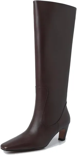 autumn chunky heels grey Knee high boots for women ladies square toe Slip on leather boots large cuff boots Pull On Wide Calf Booties