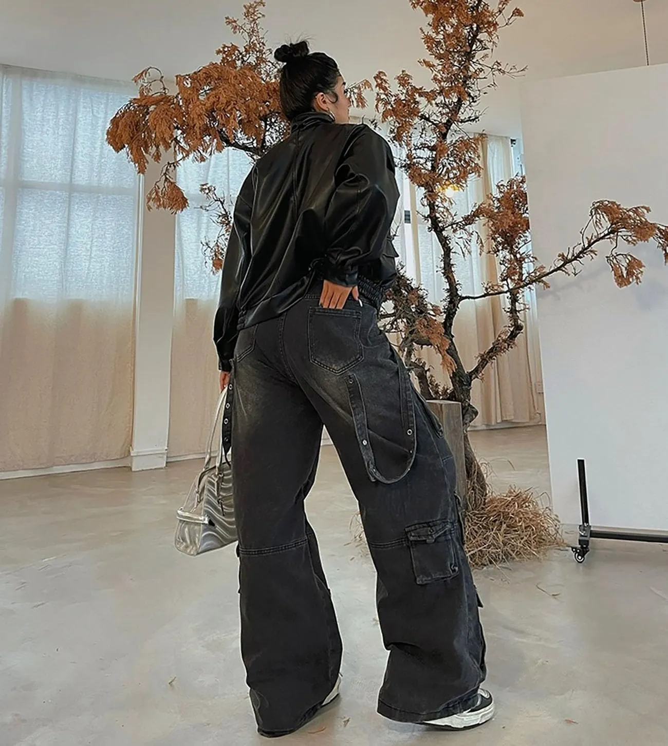 Baggy Cargo Pants for Men Women Wide Leg Jeans Y2k Hip Hop High Waisted Pants Casual Streetwear Grunge Clothes Black