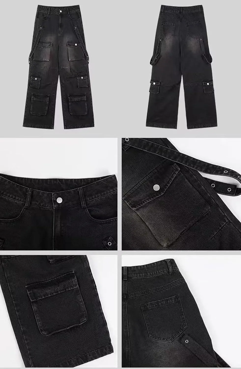 Baggy Cargo Pants for Men Women Wide Leg Jeans Y2k Hip Hop High Waisted Pants Casual Streetwear Grunge Clothes Black
