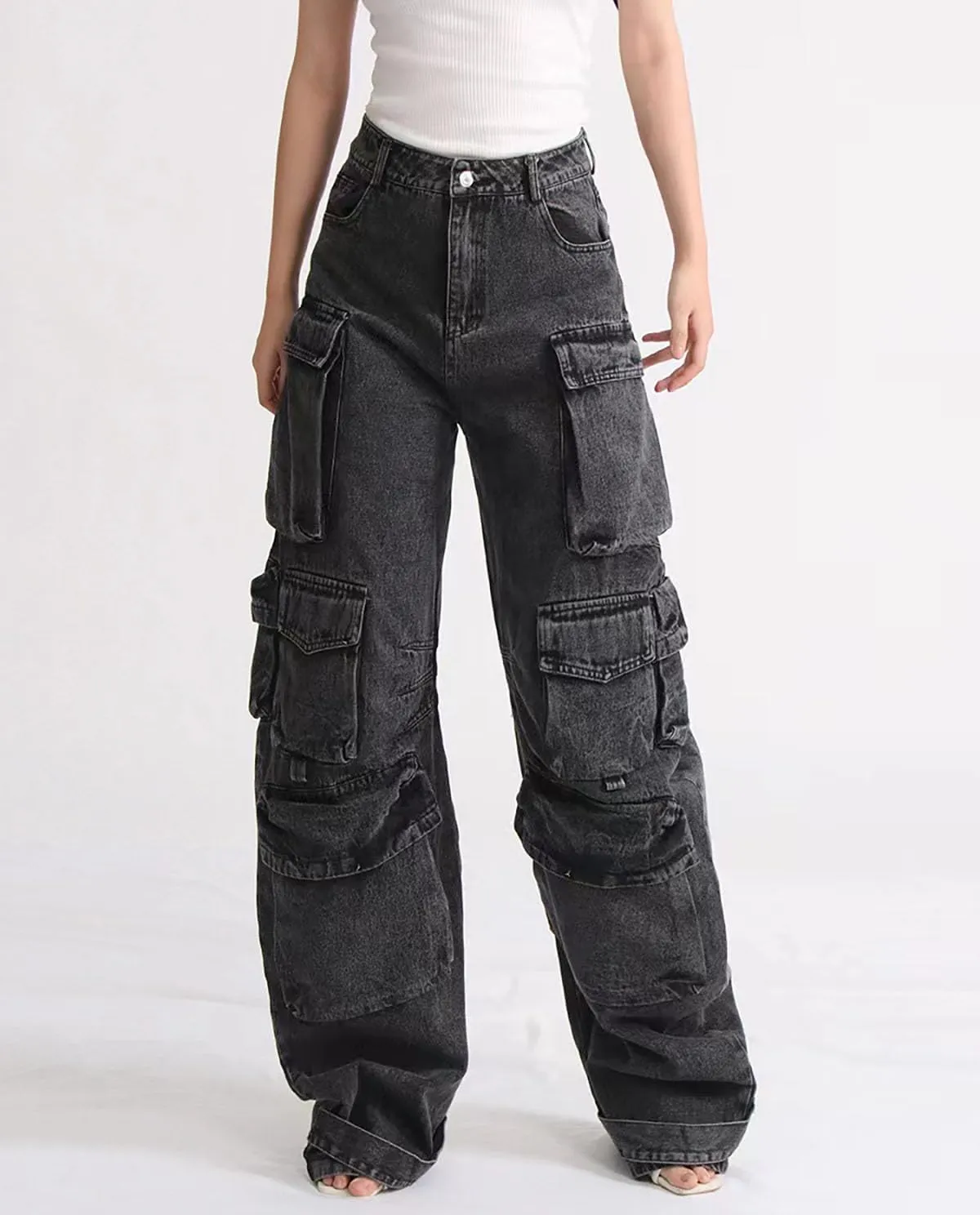 Baggy Cargo Pants for Women Girls Wide Leg Jeans Y2k Hip Hop Streetwear Low Rise Oversized Jeans Grunge Clothes Blue