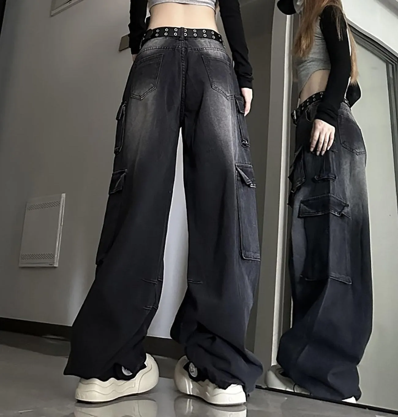 Baggy Cargo Pants for Women Girls Wide Leg Jeans Y2k Hip Hop Streetwear Low Rise Oversized Jeans Grunge Clothes Blue