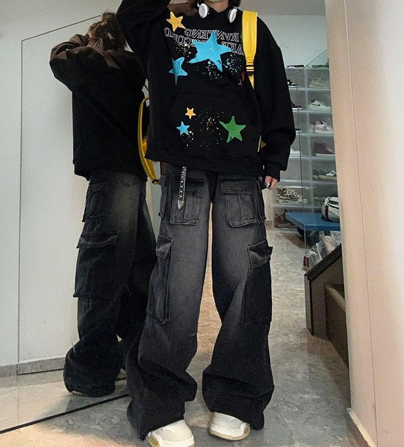 Baggy Cargo Pants for Women Girls Wide Leg Jeans Y2k Hip Hop Streetwear Low Rise Oversized Jeans Grunge Clothes Blue