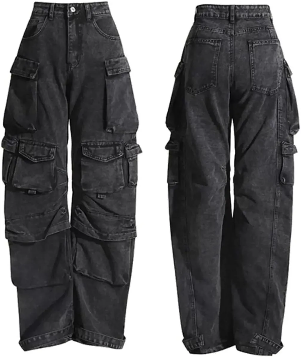 Baggy Cargo Pants for Women Girls Wide Leg Jeans Y2k Hip Hop Streetwear Low Rise Oversized Jeans Grunge Clothes Blue