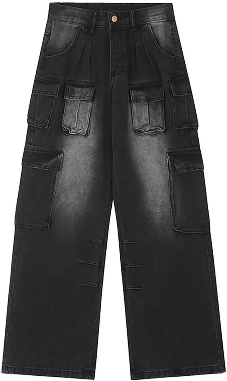 Baggy Cargo Pants for Women Girls Wide Leg Jeans Y2k Hip Hop Streetwear Low Rise Oversized Jeans Grunge Clothes Blue