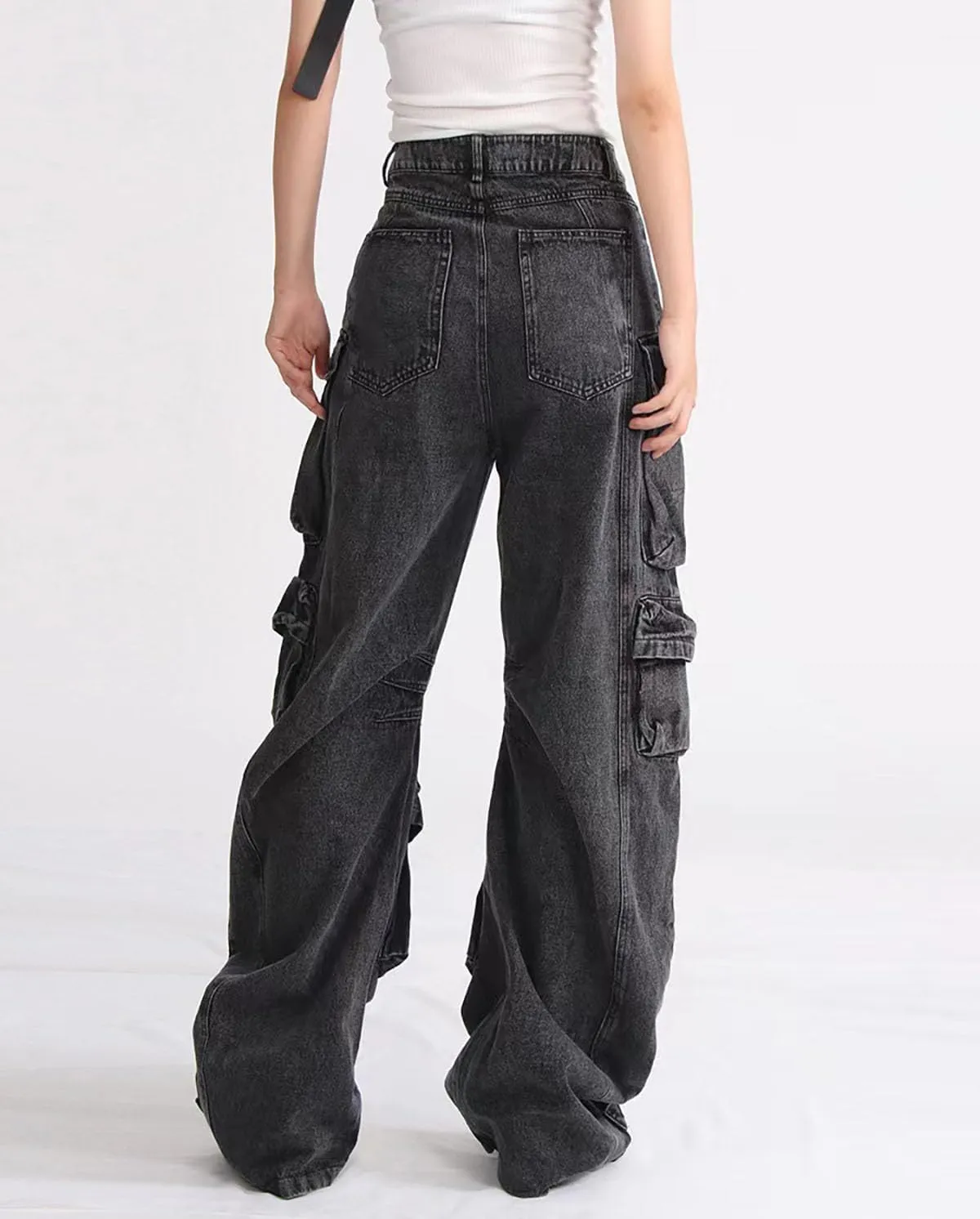Baggy Cargo Pants for Women Girls Wide Leg Jeans Y2k Hip Hop Streetwear Low Rise Oversized Jeans Grunge Clothes Blue