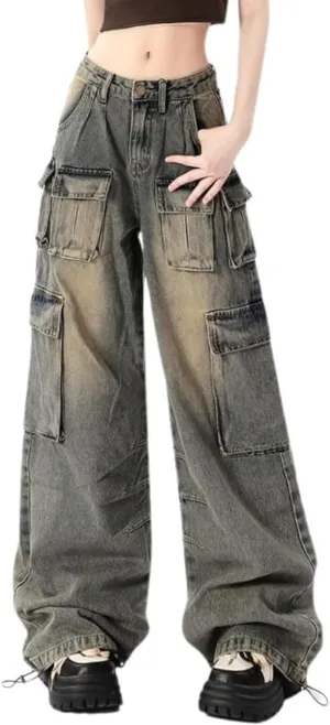 Baggy Cargo Pants for Women Girls Wide Leg Jeans Y2k Hip Hop Streetwear Low Rise Oversized Jeans Grunge Clothes Blue