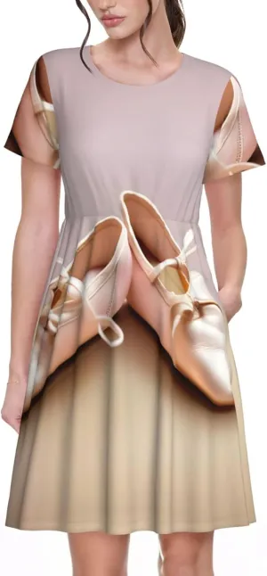 Ballet Shoes Print Women's Summer Dresses,Casual Spring Dress with Pockets,for Beach Vacation